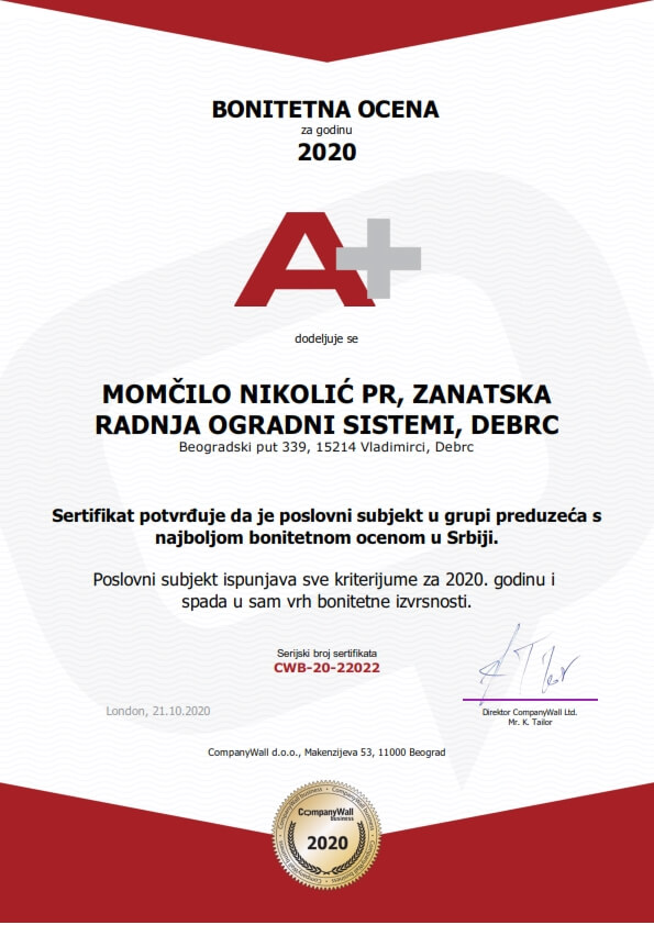 Sertifikat 2020 panelne ograde